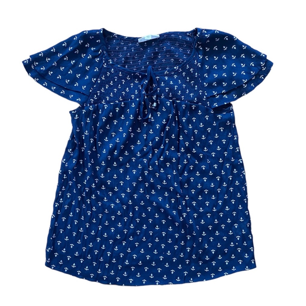 Westport Women’s Top XS Navy Blue Anchor Print Short Sleeve Blouse Nautical Sea